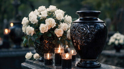 black urn and white lilies in the cemetery