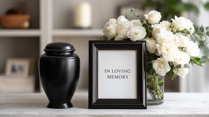 black urn and white roses on an altar at home