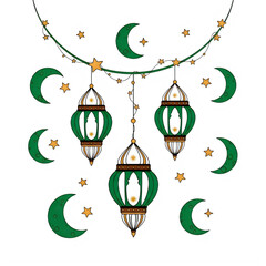 Set of three green and gold lanterns with crescent moons and stars hanging decoration isolated on transparent background