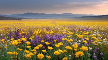 Obraz premium Vibrant Wildflower Meadow Under Soft Clouds at Dawn with Mountains in the Background, Colorful Floral Landscape in Nature's Splendor