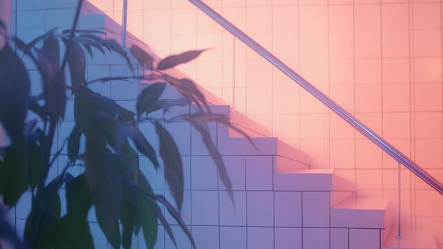 Plant leaves frame a tiled staircase and railing bathed in neon purple, pink and blue gradients, evoking a retro vaporwave interior mood that's calm, ambient and dreamy