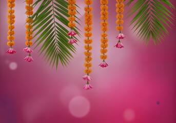 Marigold Garlands and Palm Leaves on Pink Backdrop - Festive Indian Decorations