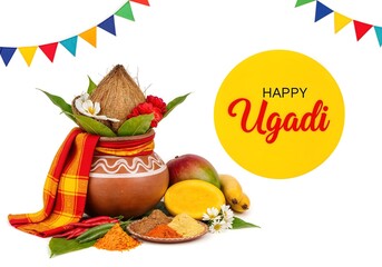 Happy Ugadi Greeting Card Indian New Year Celebration, Festive Decor, Coconut Pot