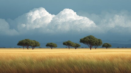 Serene Landscape with Golden Fields, Lush Green Trees, and Majestic Clouds Under a Blue Sky, Perfect for Nature and Tranquility Themes