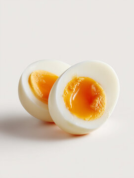 perfectly soft boiled egg halves with runny golden yolk isolated on white, closeup of two hard boiled egg halves showing creamy yellow center, minimal food photography of sliced boiled eggs 