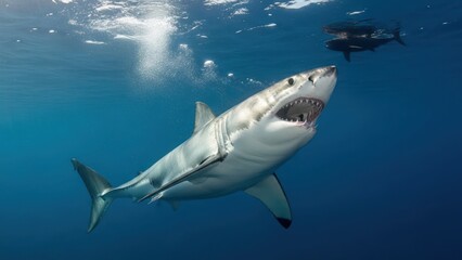 Obraz premium Great White Shark Swimming Underwater with Open Mouth and Teeth Visible.
