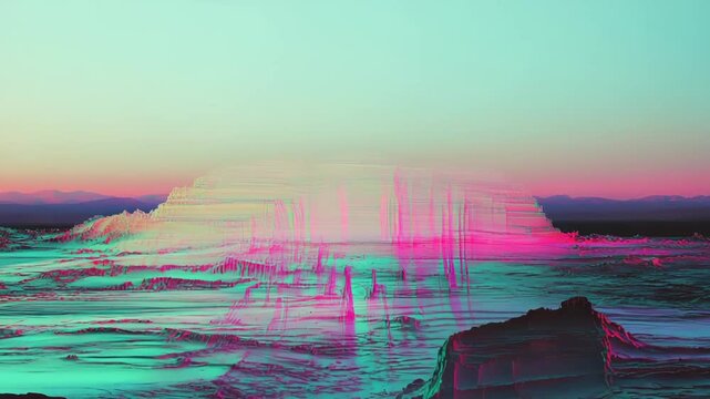 Digital landscape depicting a surreal cyberpunk canyon at sunset, featuring vibrant colors, pixel sorting, glitch art effects, and a stylized futuristic aesthetic