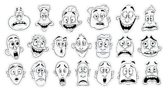 Hand Drawn Cartoon Character Faces Set with Funny Expressive Caricatures