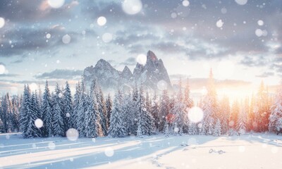 Bright Christmas panorama. Unbelievable morning view of Alpine Dolomites mountains with fresh snow covered fir trees. Sunny outdoor scene of mountain valley. Beauty of nature concept background. © standret