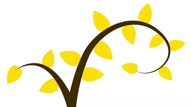 Minimalist 2D animation of a growing vine branch with yellow leaves. Organic nature growth concept on a white background.
