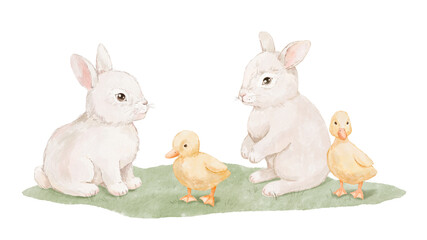 Fototapeta premium Watercolour cute ducklings and rabbits on grass. Hand drawn isolated illustration for card and poster, baby farm animals scene, spring cottagecore design