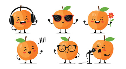 Fototapeta premium Set of friendly apricot characters engaging in different activities like listening to music singing with a microphone and wearing sunglasses.