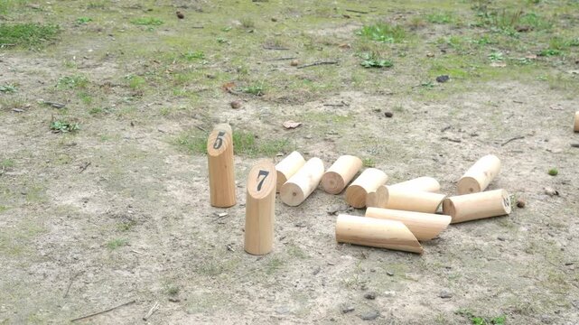 Outdoor wooden number blocks scattered on ground, natural learning tool for kids, math play in nature, numbered logs for counting games, eco-friendly educational toy, gross motor skills development