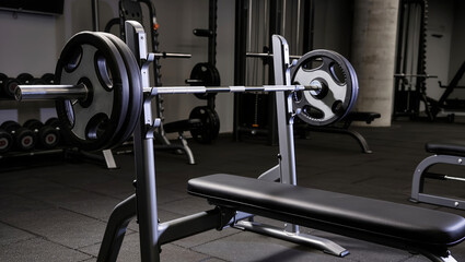Fototapeta premium Bench press station with loaded barbell on padded bench, surrounded by dumbbells and machines, rubber floor for safety, highlighting strength training and gym setup