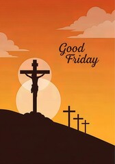 Good Friday Crucifixion Illustration, Jesus Christ on the Cross, Silhouette Sunset
