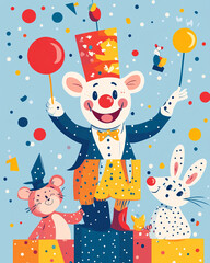 Fototapeta premium Cartoon scene with clowns, animals, and toys for April Fool’s Day. Cheerful bright illustration with minimal background and copy space.