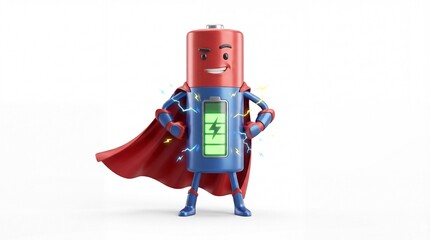 Naklejka premium A cheerful cartoon battery character wearing a superhero cape and standing confidently with a green power meter on its front.