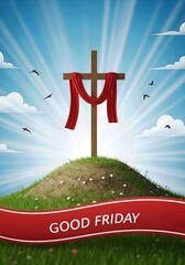Good Friday Cross on Hill with Rays of Light and Banner