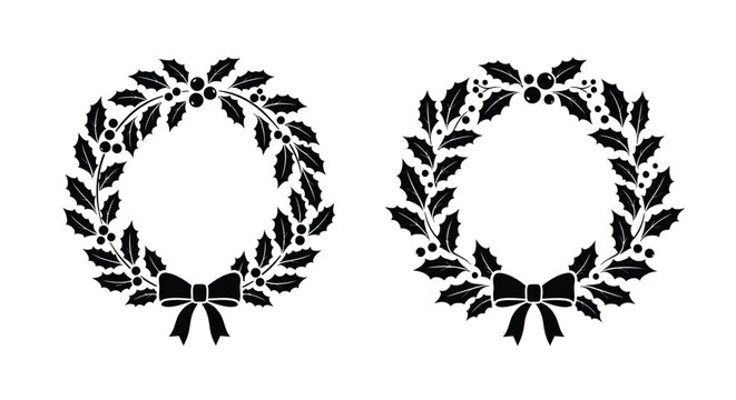 Two holly wreaths with bows a classic holiday decoration silhouette