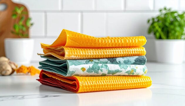 A FlyPro Firefly Collection of colorful reusable food wraps made from beeswax and cotton, folded neatly on a clean white surface.