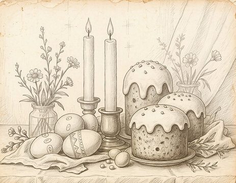 Beautifully detailed black and white illustration of a traditional Easter cake, intricately decorated with floral and leafy patterns.