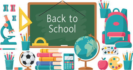 Flat vector illustration set of back to school elements including blackboard backpack books globe microscope calculator pencils paints football apple and school stationery. © Aminul