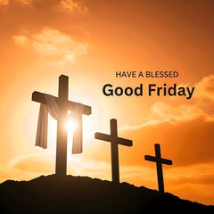 Good Friday Sunset Three Crosses Against Orange Sky, Easter Religion Concept