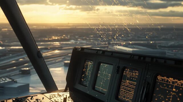 Cockpit instruments displaying flight data as an airplane approaches a city illuminated by the golden light of sunset, flying over the urban landscape