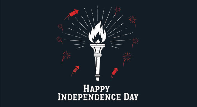 Independence Day themed vector graphic with torch and red sparks, isolated on black background