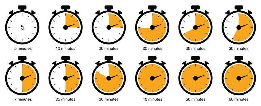Collection of stopwatch icons showing countdown times from 5 to 60 minutes with orange segments, vector illustration for top ranked interface visuals, workout tracking apps, cooking timer
