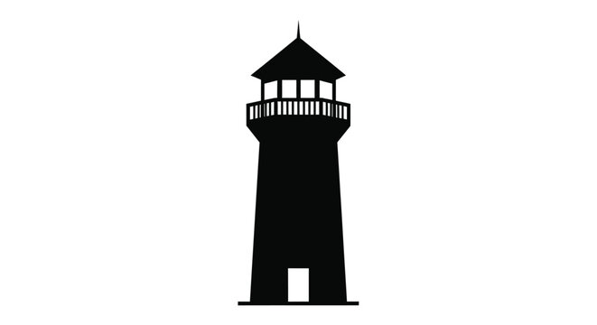 A stark black lighthouse stands against a white background silhouette