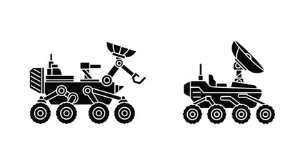 Three mars rovers depicted in a stark black silhouette