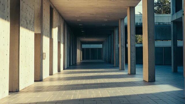 Long concrete hallway featuring geometric shadows and warm light, highlighting the structured design and providing a sense of depth and modern tranquility in an imposing building