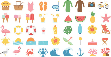 Flat vector illustration set of summer beach elements including flamingo float surfboard sun watermelon pineapple crab octopus anchor starfish hibiscus and tropical waves. © Aminul