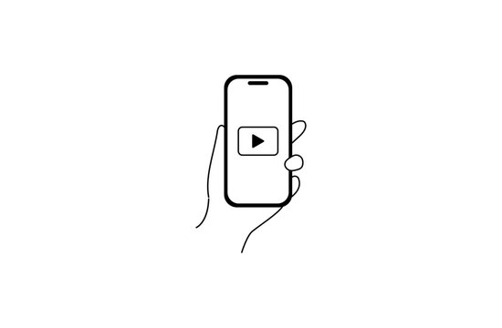 動画再生ボタンが表示されたスマホを持つフラットイラスト