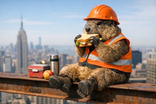 Funny beaver construction worker eating sandwich on steel beam high above city skyline. Cute animal builder having lunch break on skyscrape