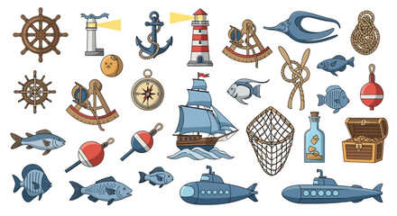 Nautical Marine and Fishing Elements Collection Vector Illustration Set © Salsa