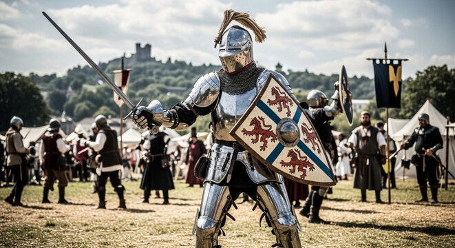 Armored Knight in Full Combat Gear Holding a Sword and Shield with a Castle in the Background at a Medieval Festival