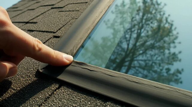 A person's hand points out a cracked skylight seal during a thorough roof inspection.