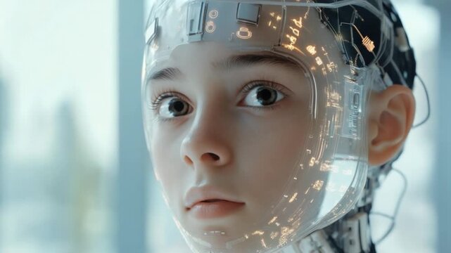 Cyborg Gaze: A close-up shot captures the intense, inquisitive gaze of a cyborg, its synthetic features blending with human elements, inviting reflection on the future of humanity.