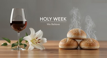 Holy Week Still Life Communion Wine, Bread, and Lily on Wooden Table