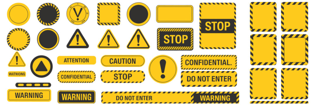 Collection of yellow and black caution frames, warning borders, and attention label templates for ranked industrial graphics, construction safety posters, alert symbols, hazard signage
