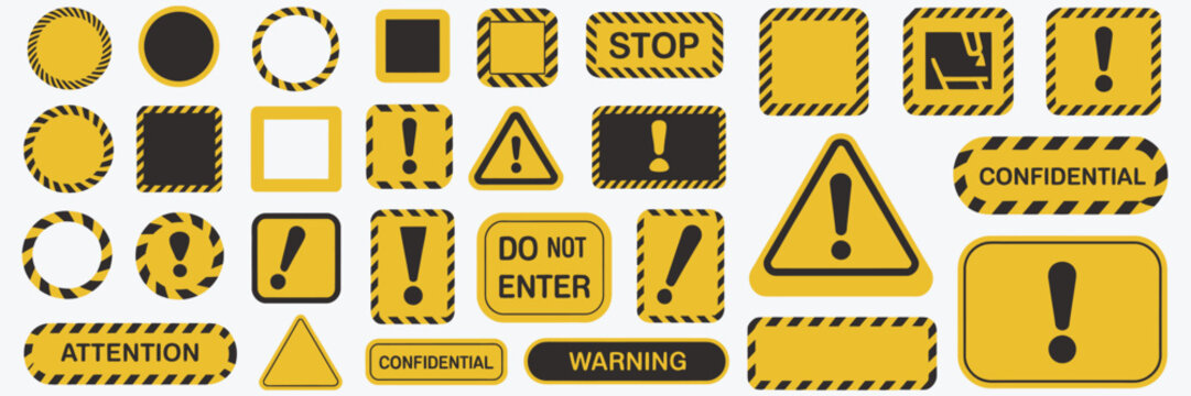 Collection of yellow and black caution frames, warning borders, and attention label templates for top ranked safety visuals, industrial sign designs, construction alerts, hazard labels