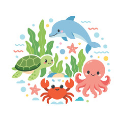 Cute marine animals illustration with sea plants