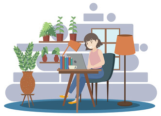Creative Woman Freelancer Working at Decorative Desk with Houseplants