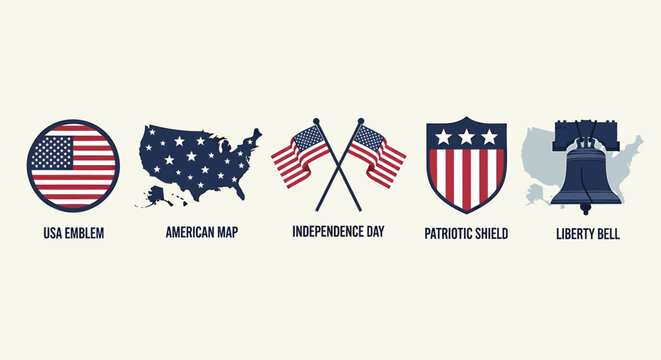 Patriotic USA icon collection. Includes USA emblem, American map, Independence Day, patriotic shield, Liberty Bell. Created in flat style with red, white, and blue palette.