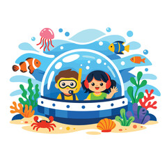 Kids enjoying underwater adventure in a submarine