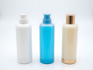 Three bottles with different colored caps and bodies arranged in a row on a plain white surface viewed from the front