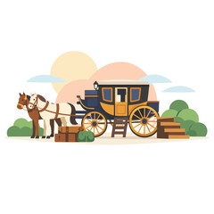 Horse-drawn carriage with luggage and landscape background
