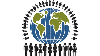 A globe icon illustration representing global unity and diversity with people